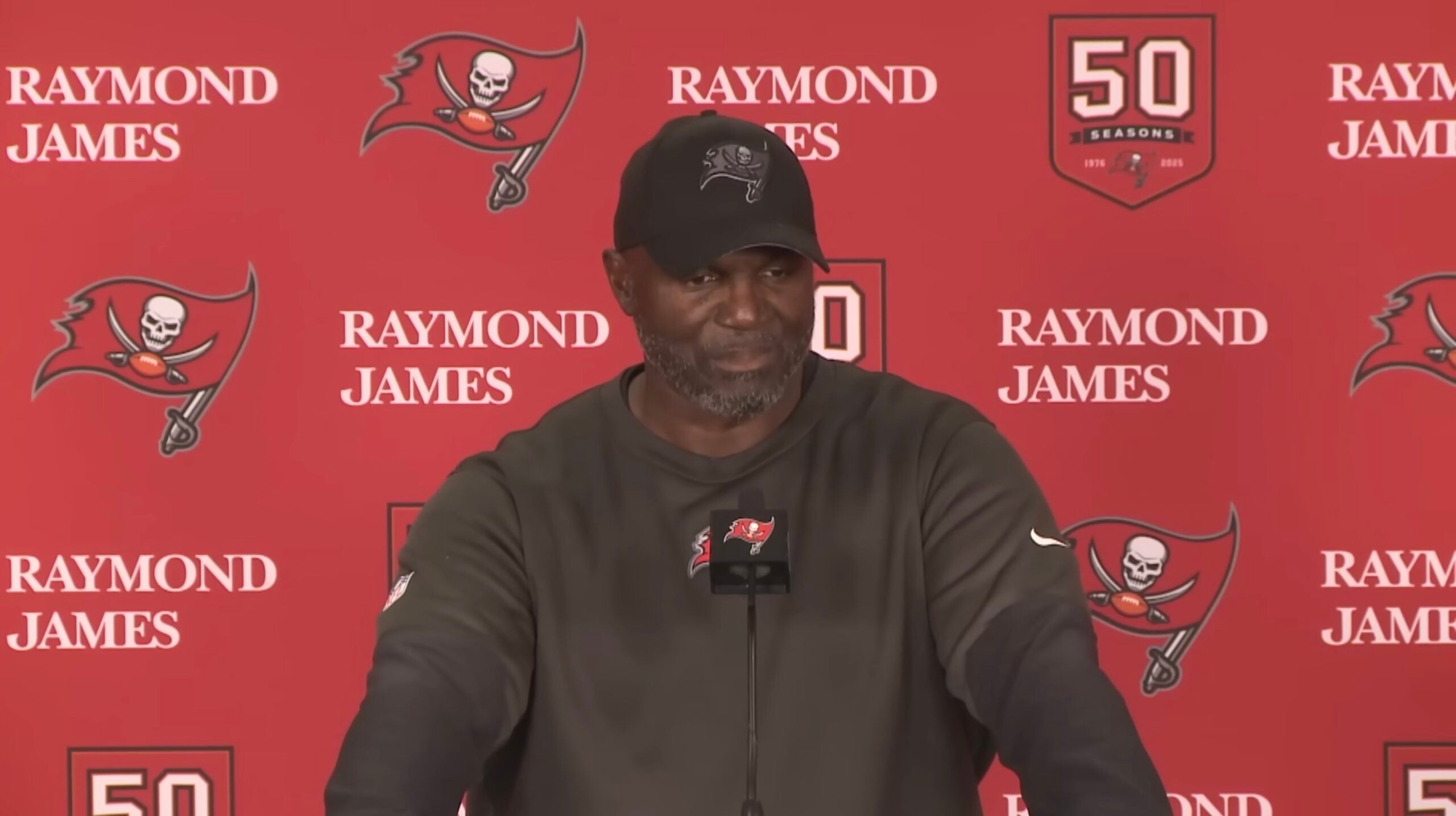 Todd Bowles speaks with reporters after the Buccaneers beat the Panthers in Week 18.